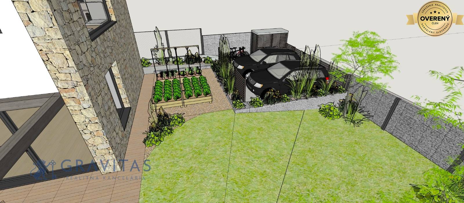 Vizualizácia | parkovanie a záhrada