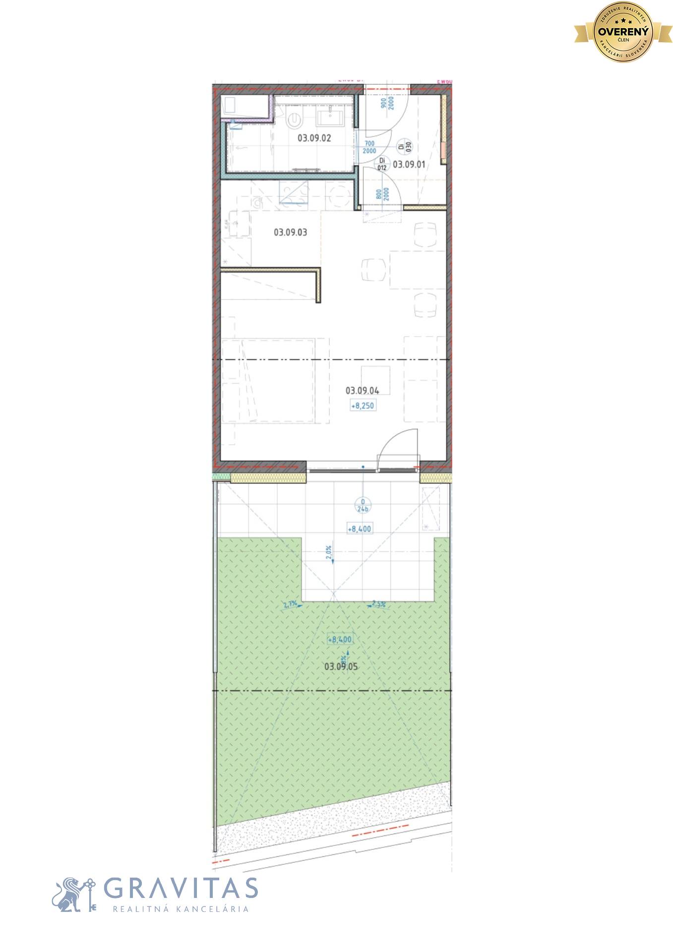 Pôdorys 1i bytu s predzáhradkou - západ, veža B, 3NP.jpg