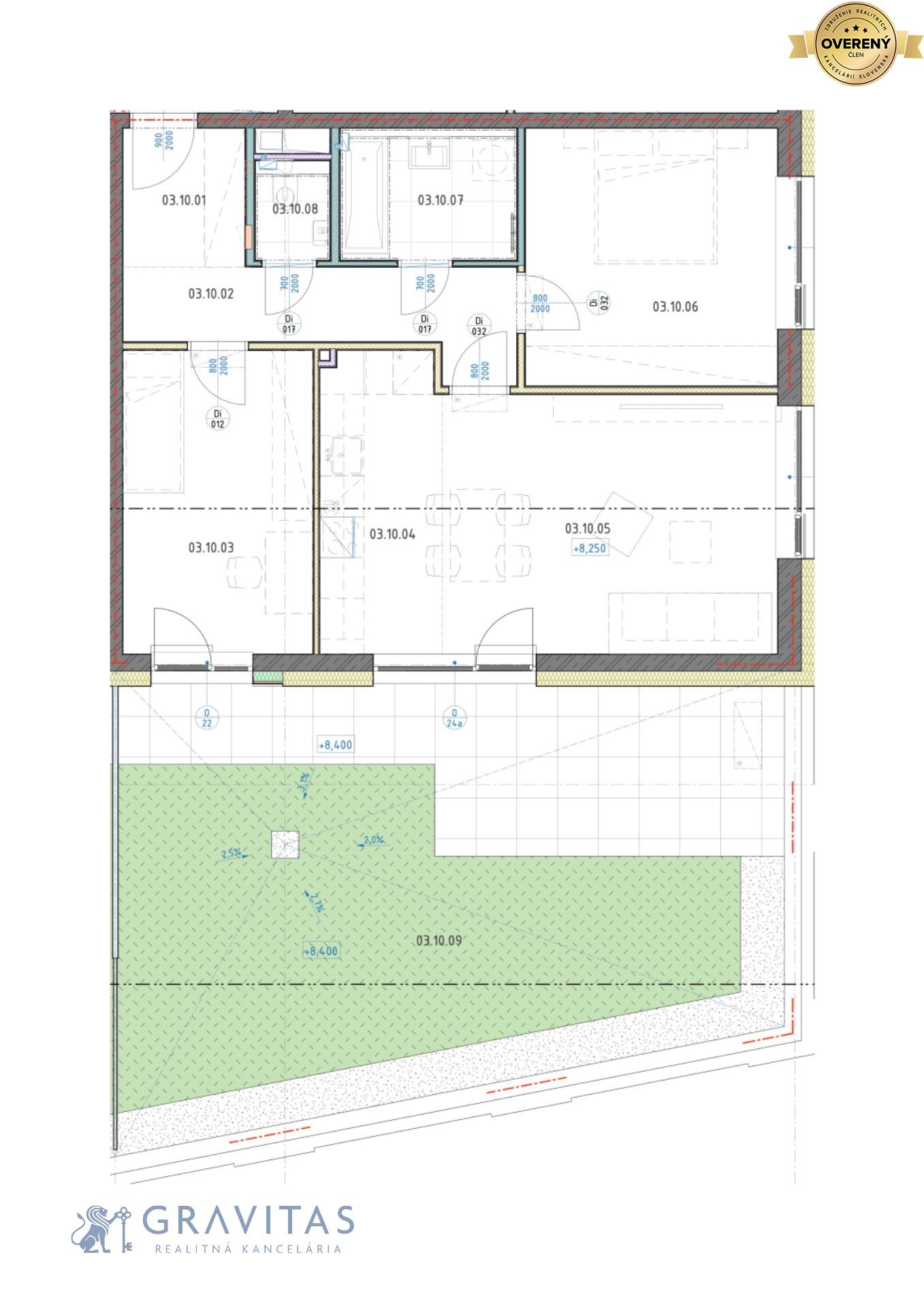 Pôdorys 3i bytu s predzáhradkou - juhozápad, veža B, 3NP.jpg