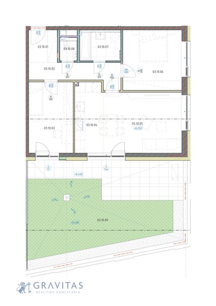Pôdorys 3i bytu s predzáhradkou - juhozápad, veža B, 3NP.jpg